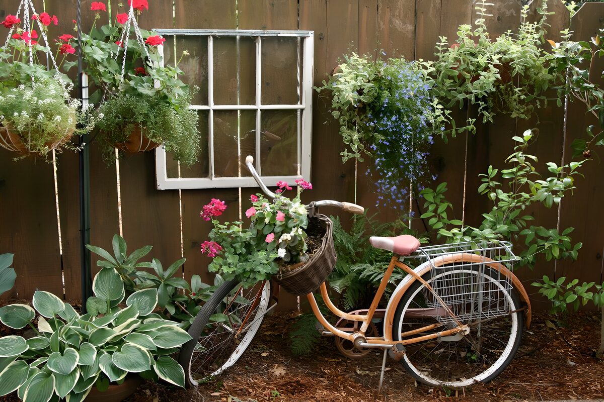 Bicicleta naranja en un jardín frondoso