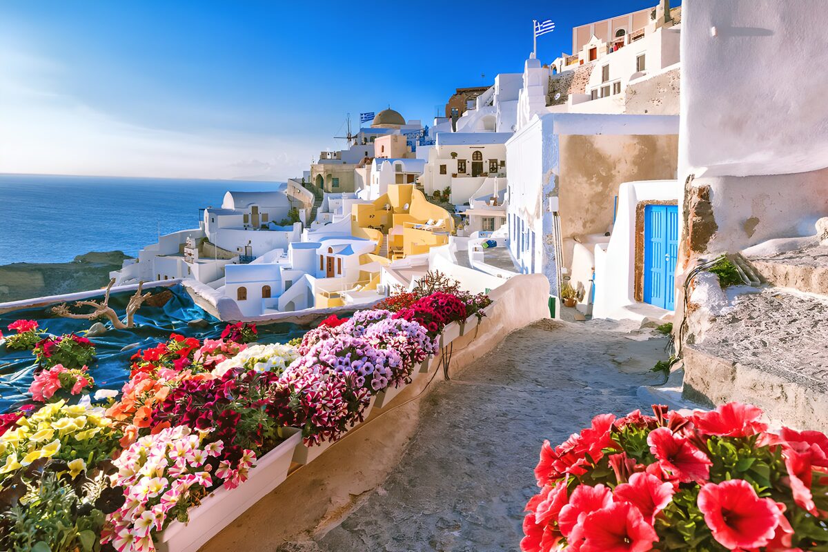 Calle blanca y flores junto al mar