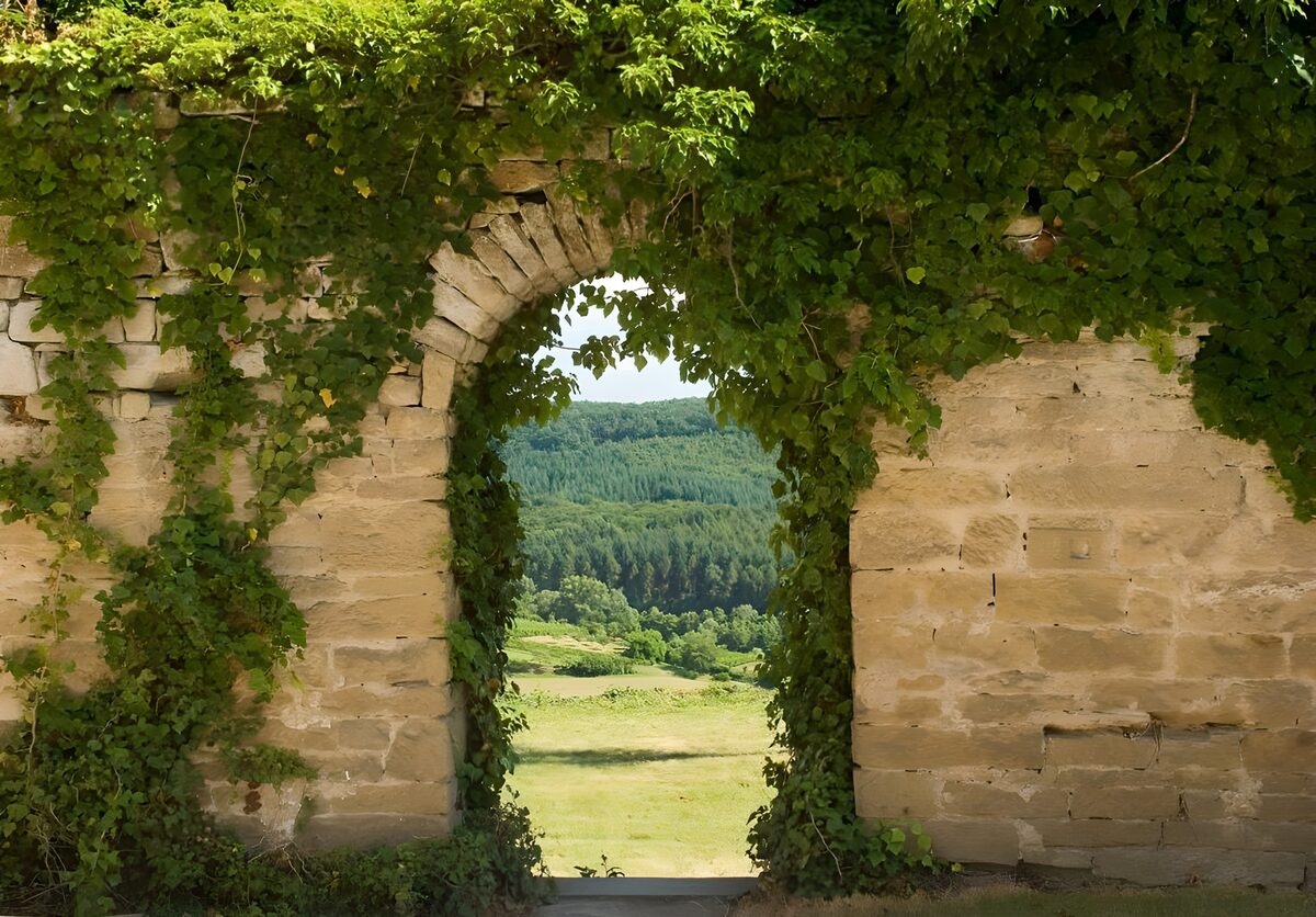 Arco de piedra con vistas al prado
