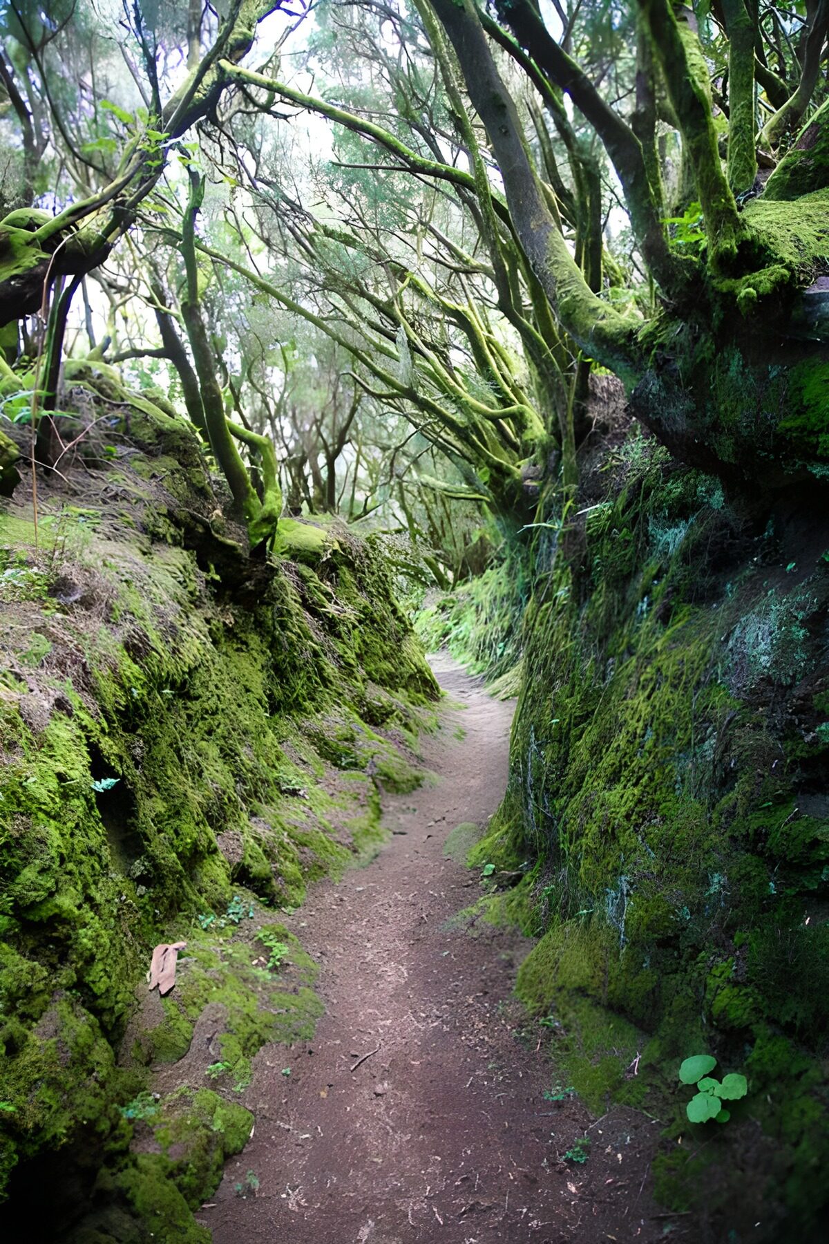 Sendero entre rocas y musgo en la umbría