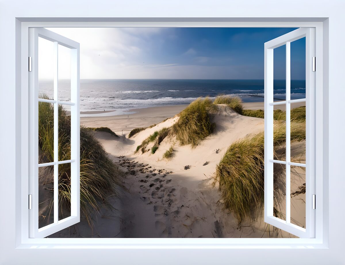 Ventana blanca abierta a la playa