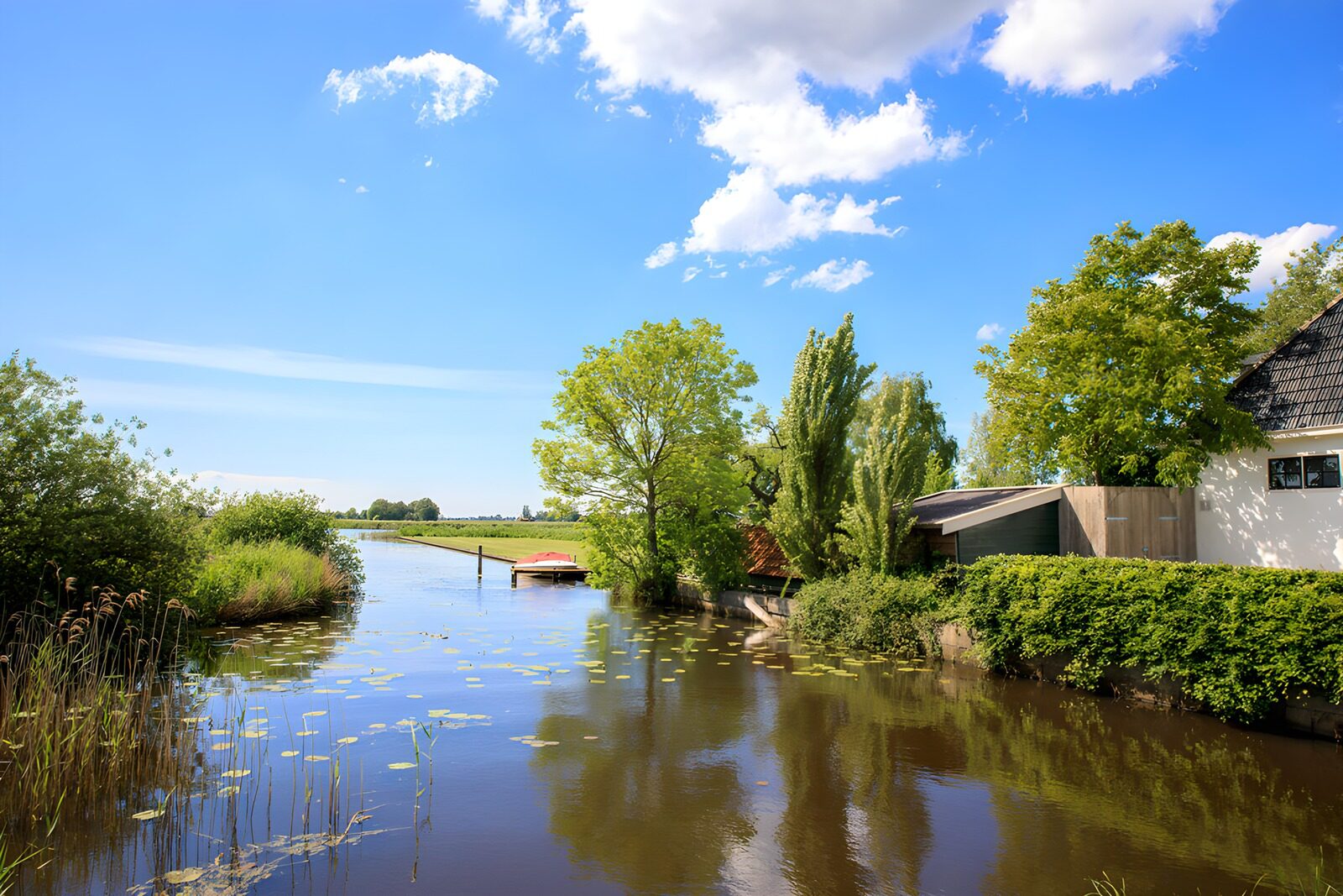 TPES69887: Canal rural y casa blanca bajo el sol