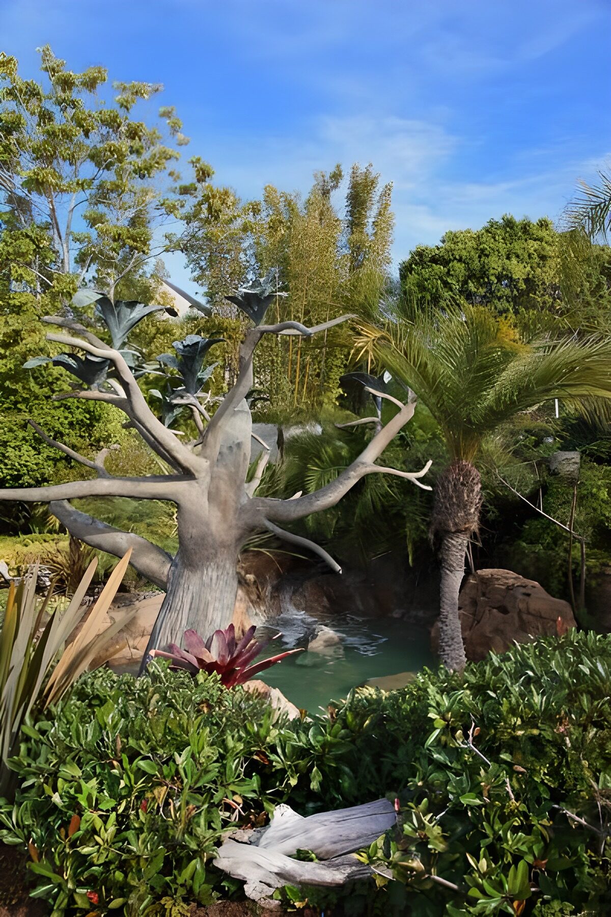 Jardín con estanque y tronco escultural