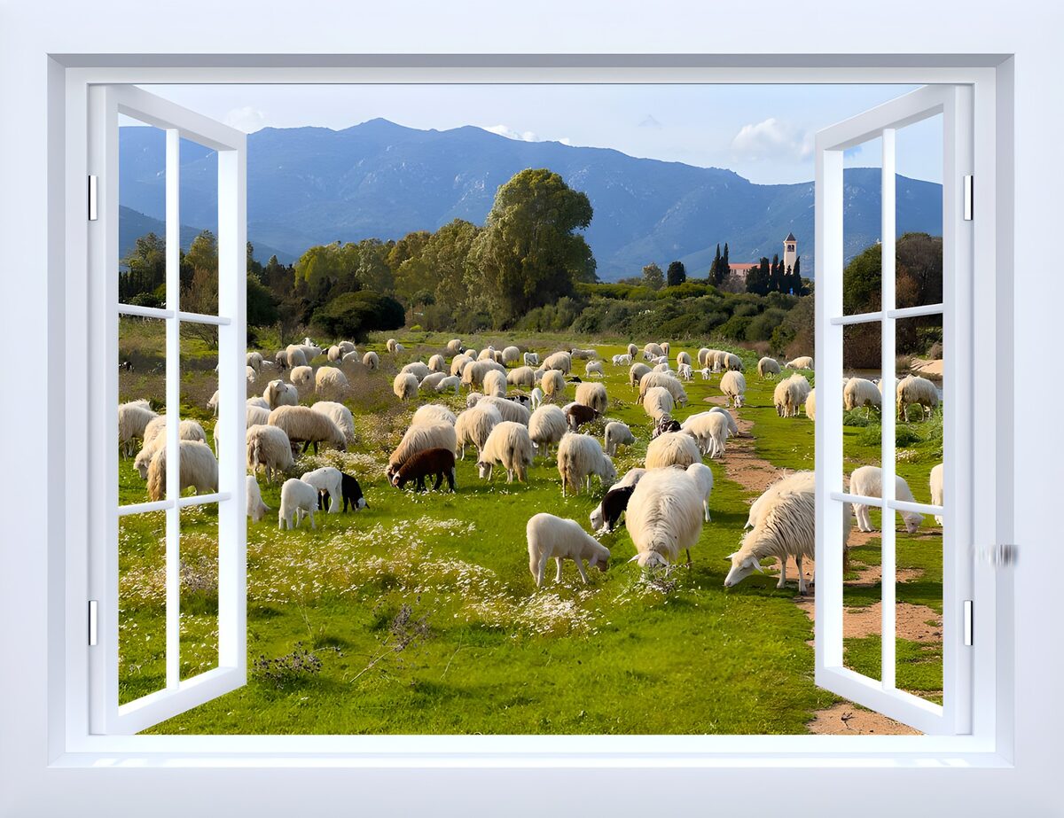 Ventana abierta a un prado con ovejas
