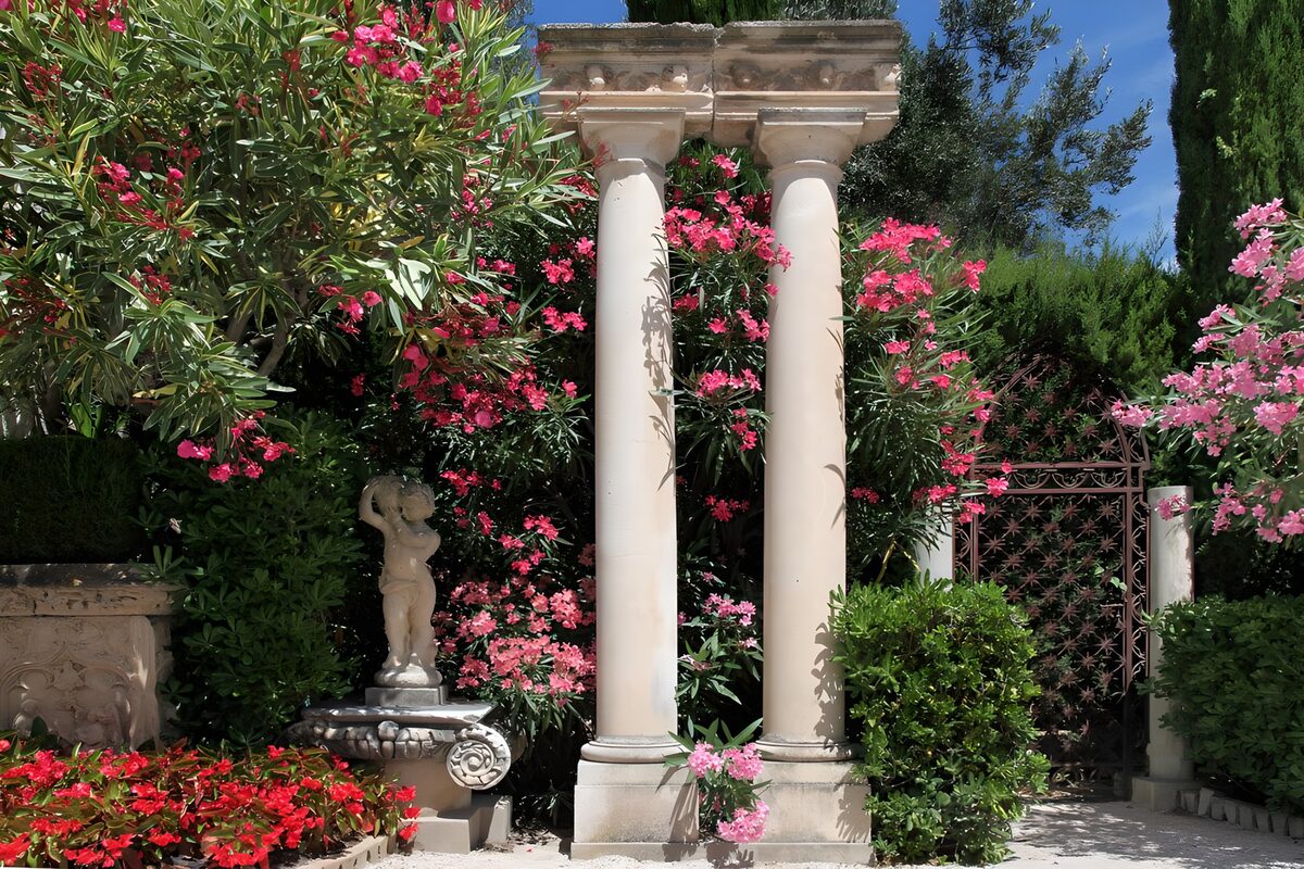 TPES73081: Columnas de piedra entre flores rosas