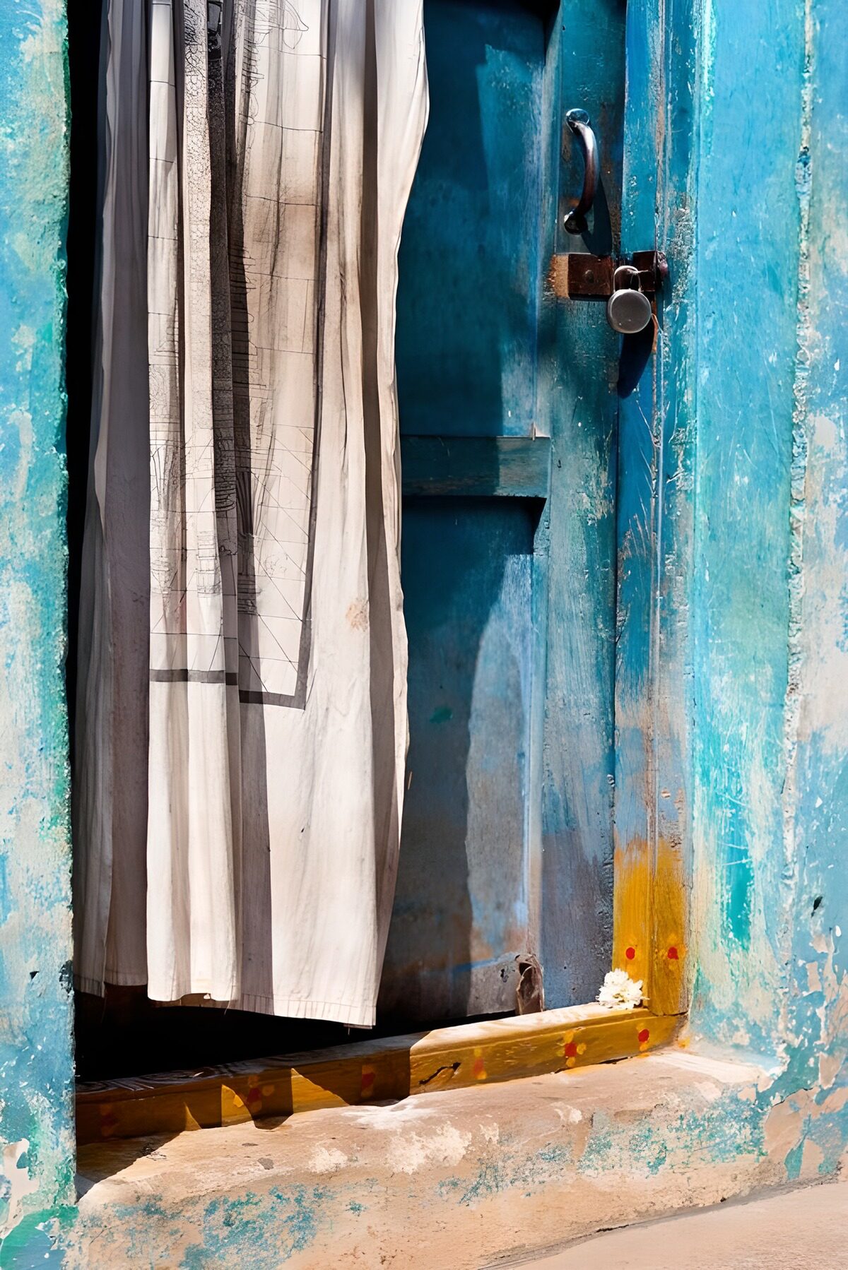 Puerta turquesa de madera desgastada