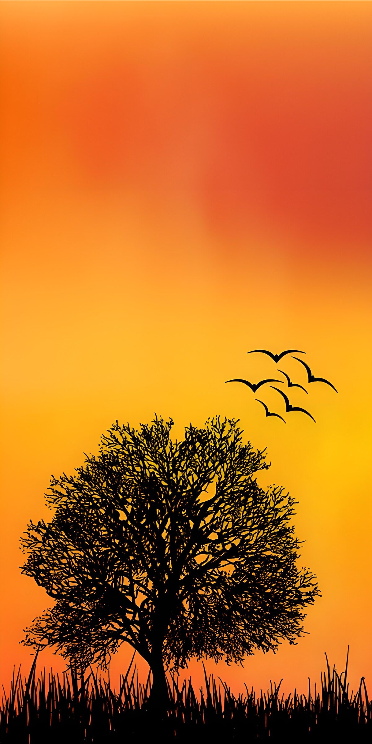 TPES21403: Árbol y aves en un atardecer naranja