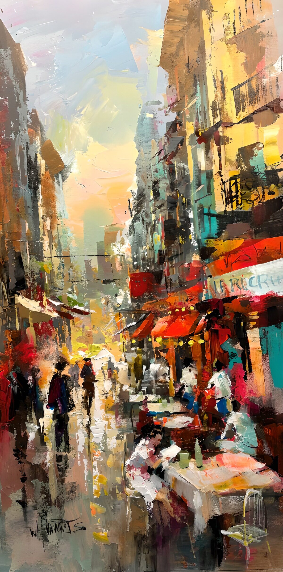 Calle soleada con terrazas y paseantes