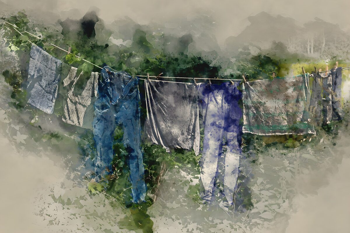 Ropa tendida entre plantas del jardín