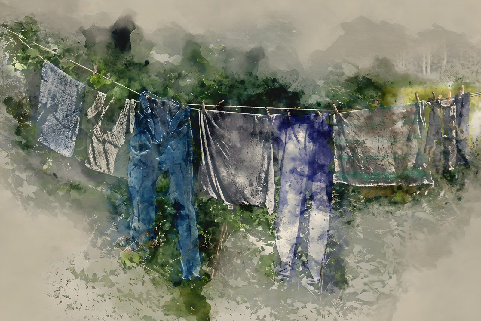 TPES69910: Ropa tendida entre plantas del jardín