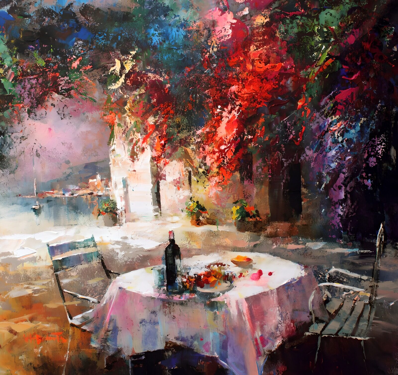 TPES58387: Mesa de jardín con vino y flores