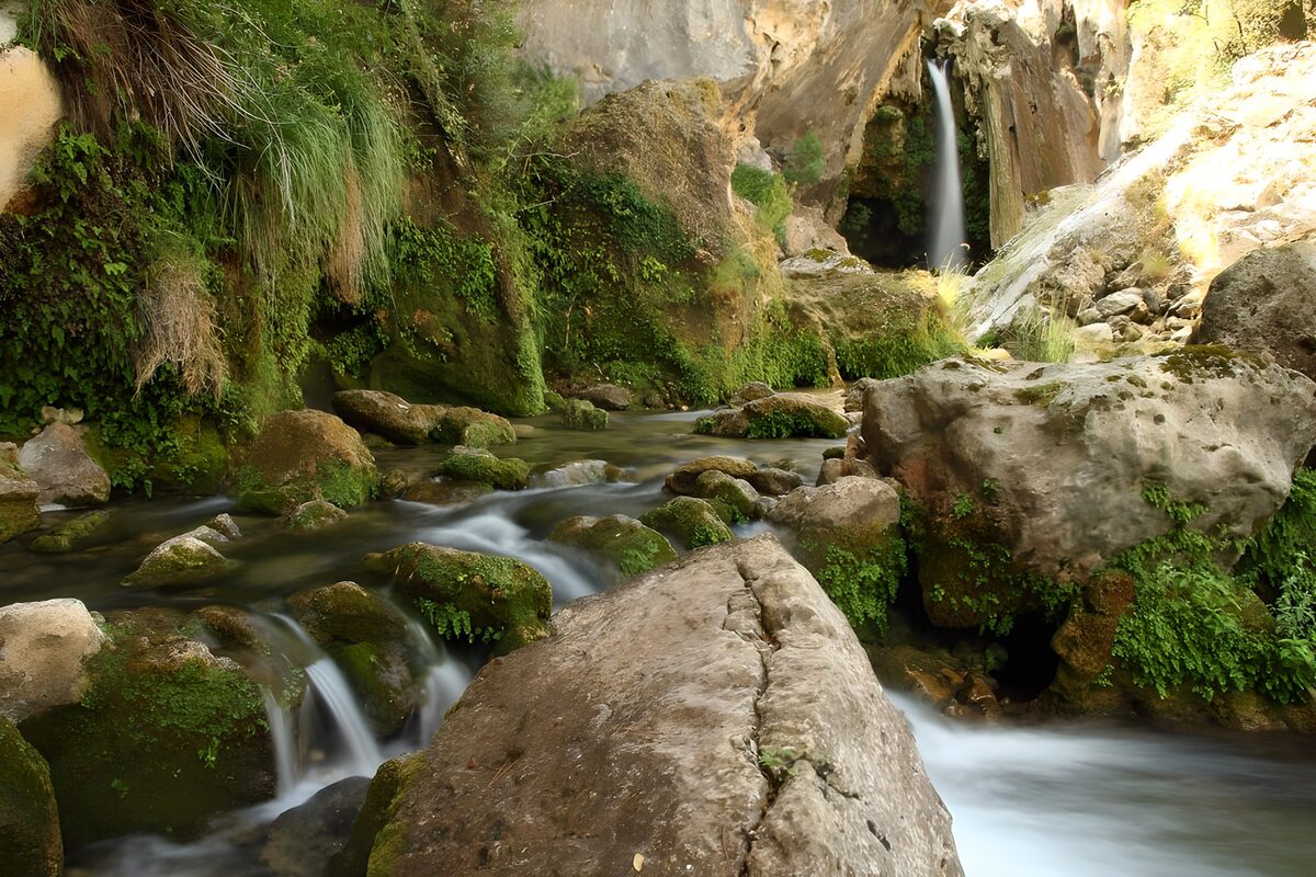 Cascada y arroyo entre rocas y musgo