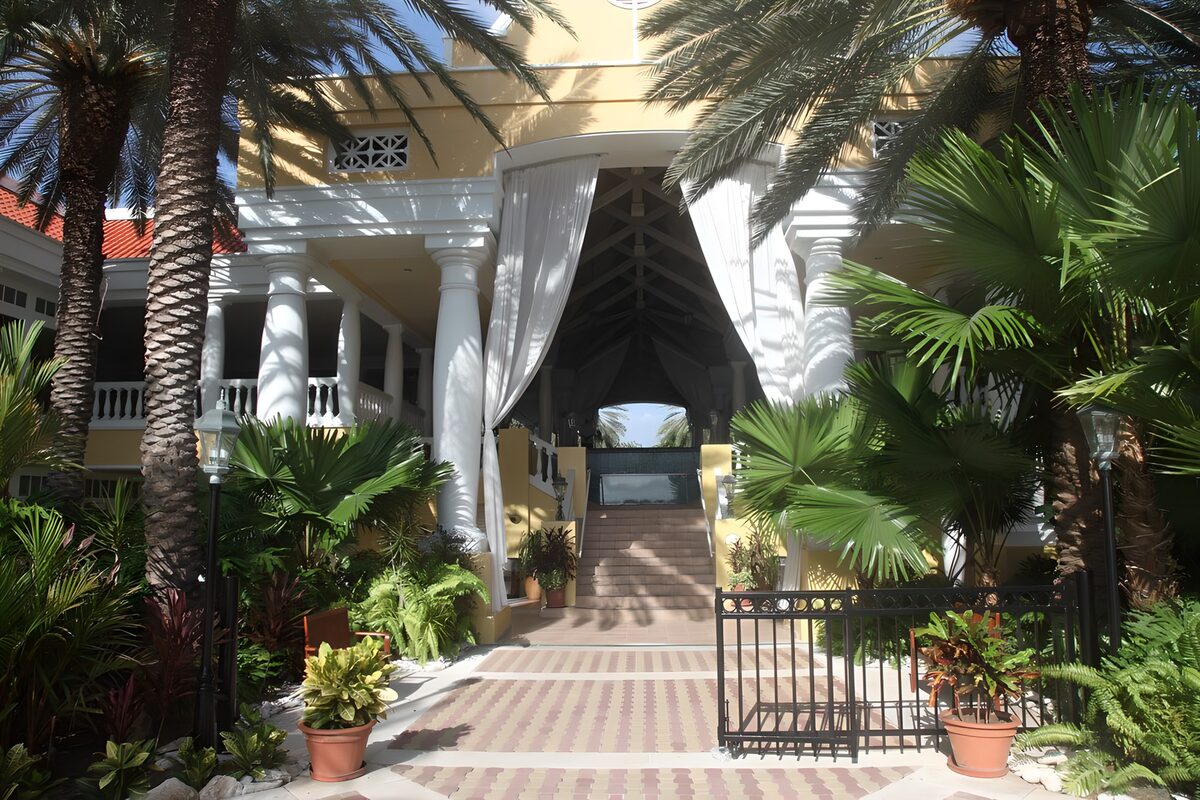 TPES11923: Entrada amarilla entre palmeras al sol