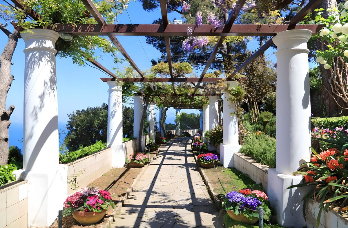 Pérgola de columnas blancas al sol