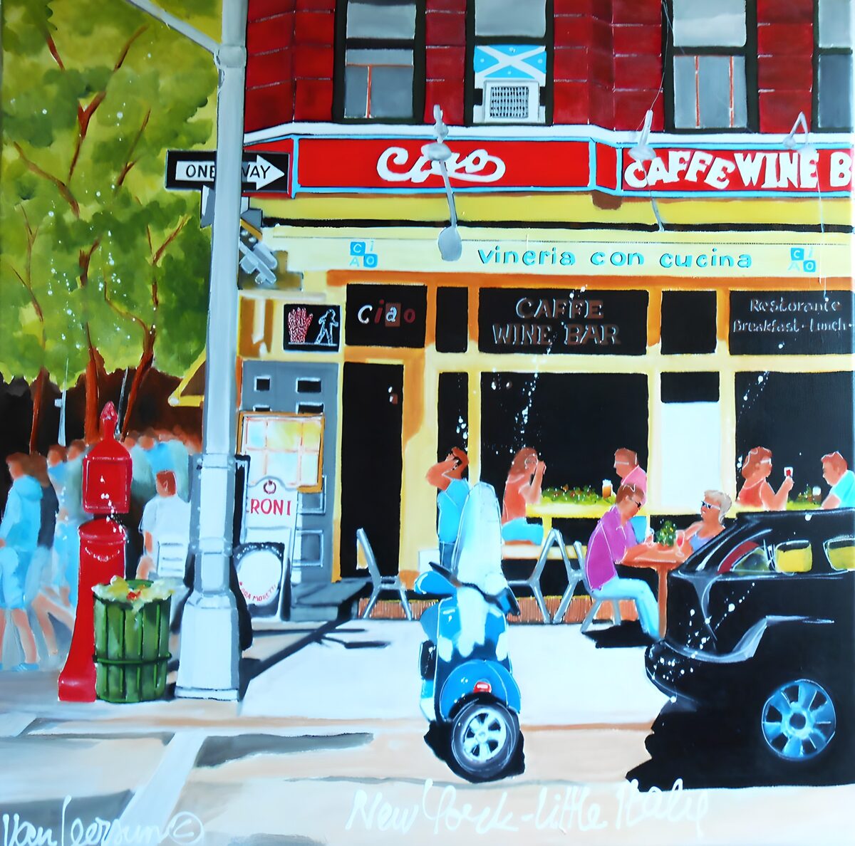 Café y moto azul en una esquina al sol