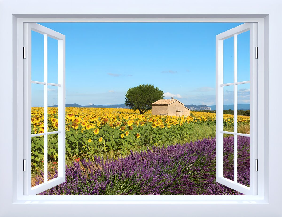 Ventana abierta a lavanda y girasoles
