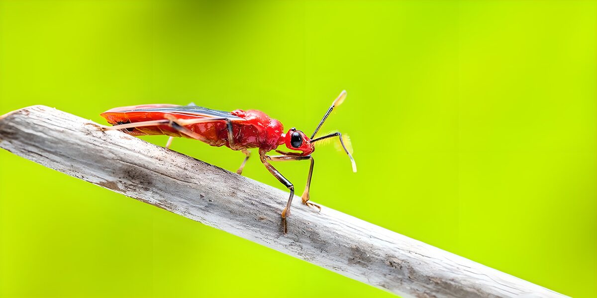 Chinche roja sobre una rama seca