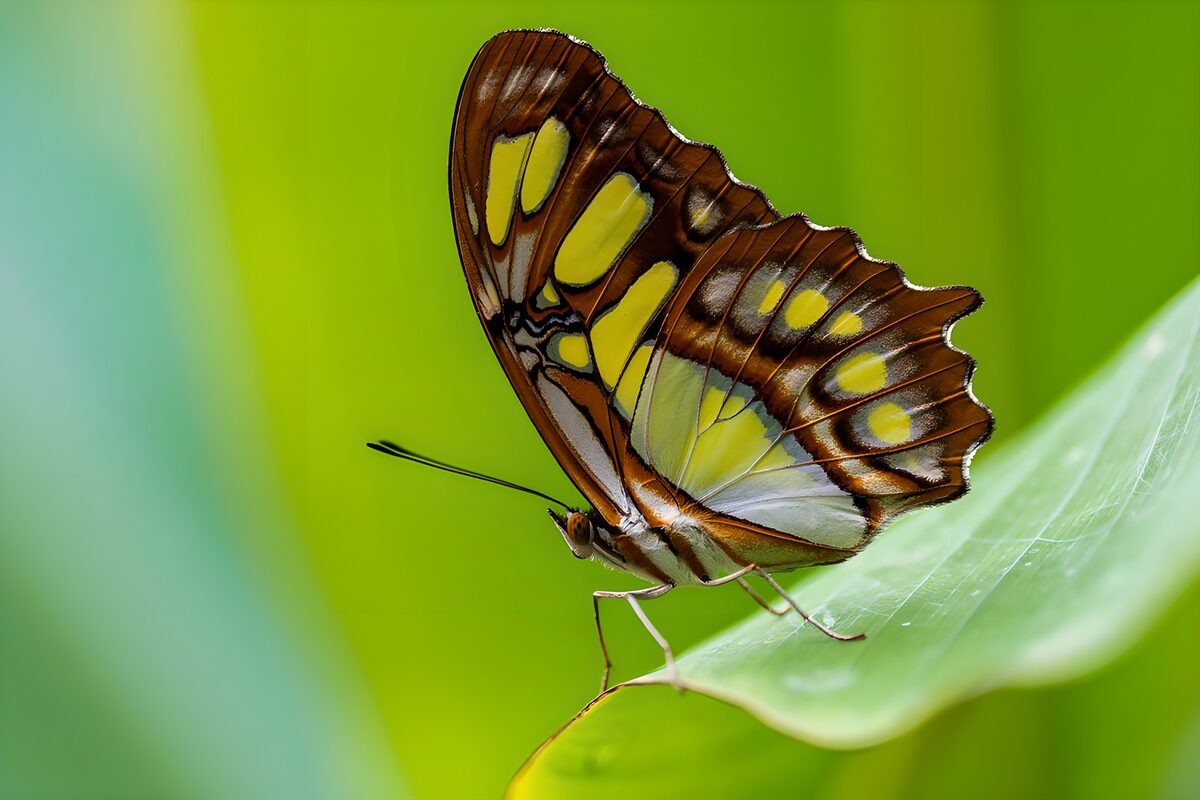 Mariposa marrón y amarilla sobre una hoja