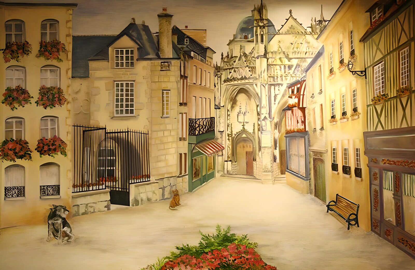 TPES59873: Calle antigua con flores y luz dorada