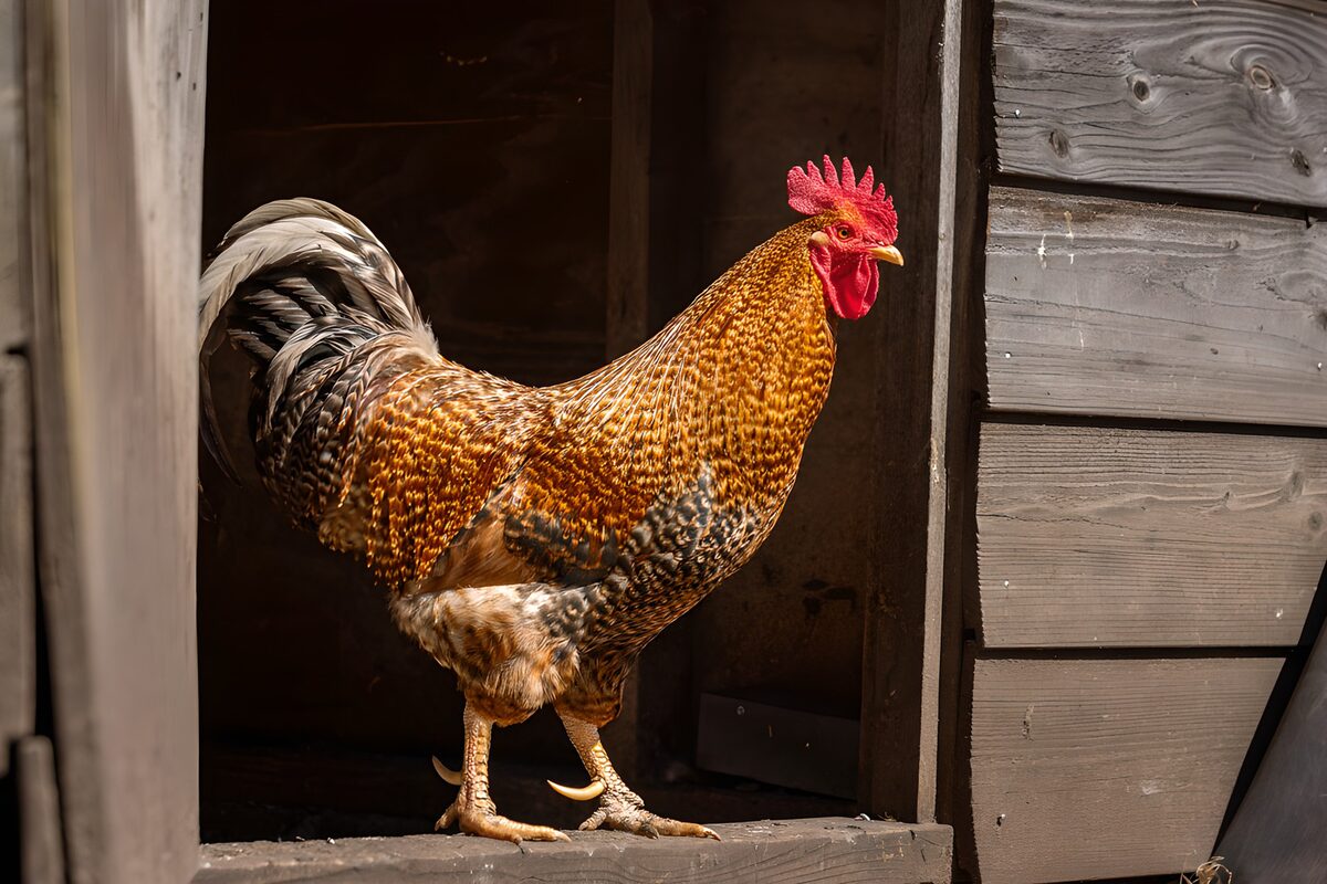 Gallo al sol sobre un umbral de madera