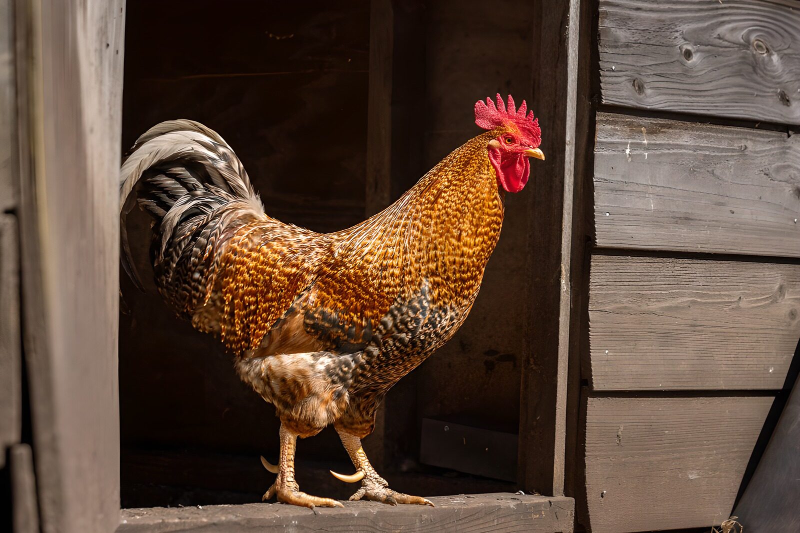 TPES77170: Gallo al sol sobre un umbral de madera