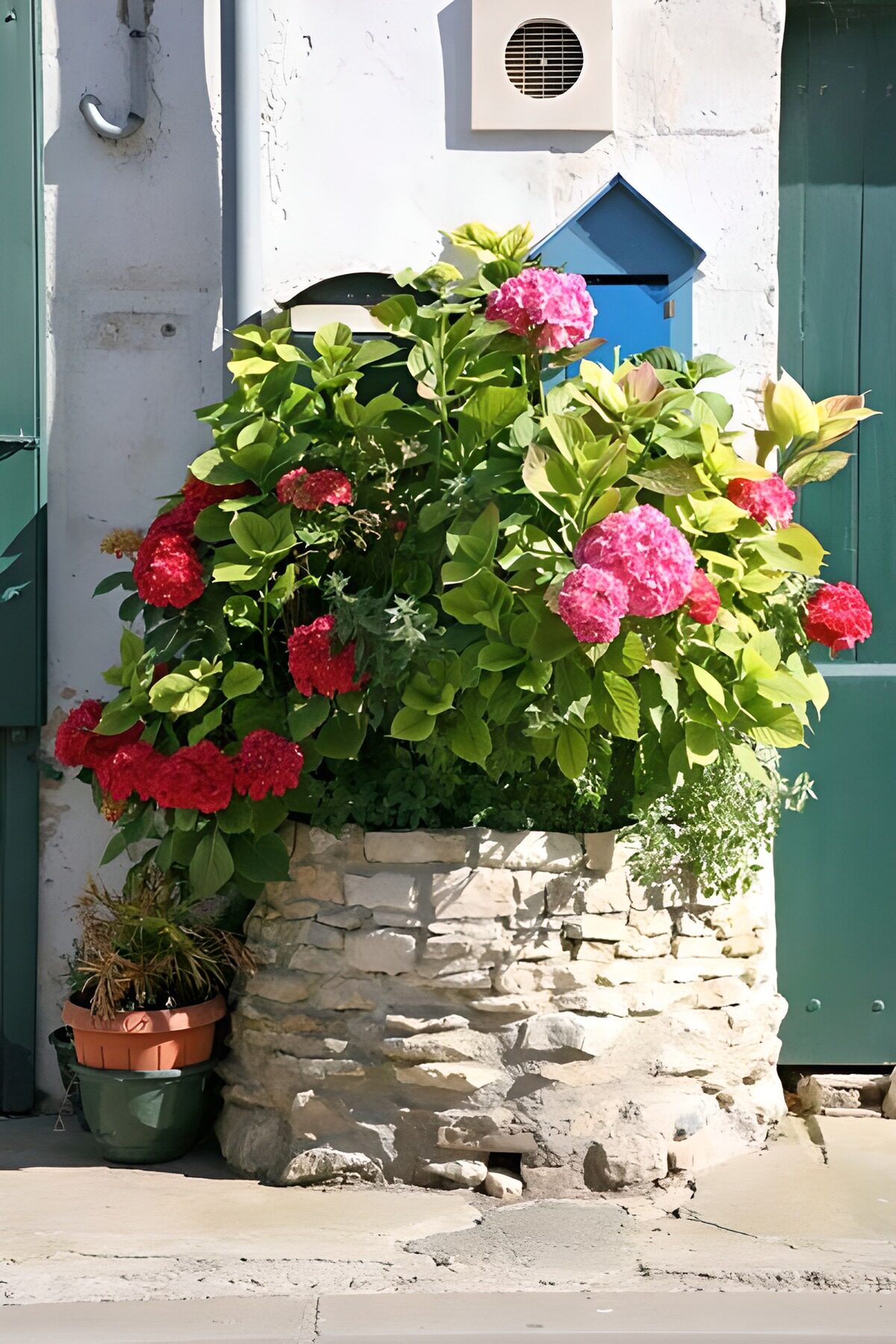TPES63678: Hortensias al sol en jardinera de piedra