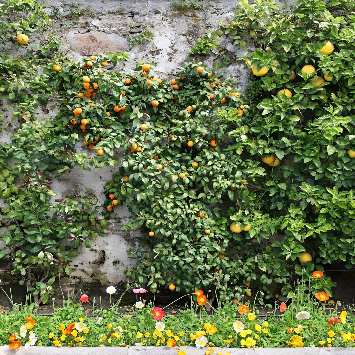 Cítricos y flores junto al viejo muro