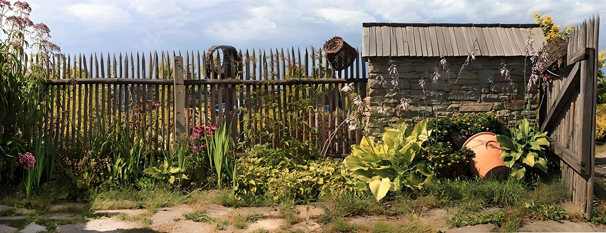 TPES69632: Jardín frondoso con valla de madera