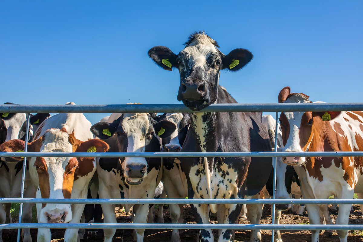Vacas al sol tras una verja metálica