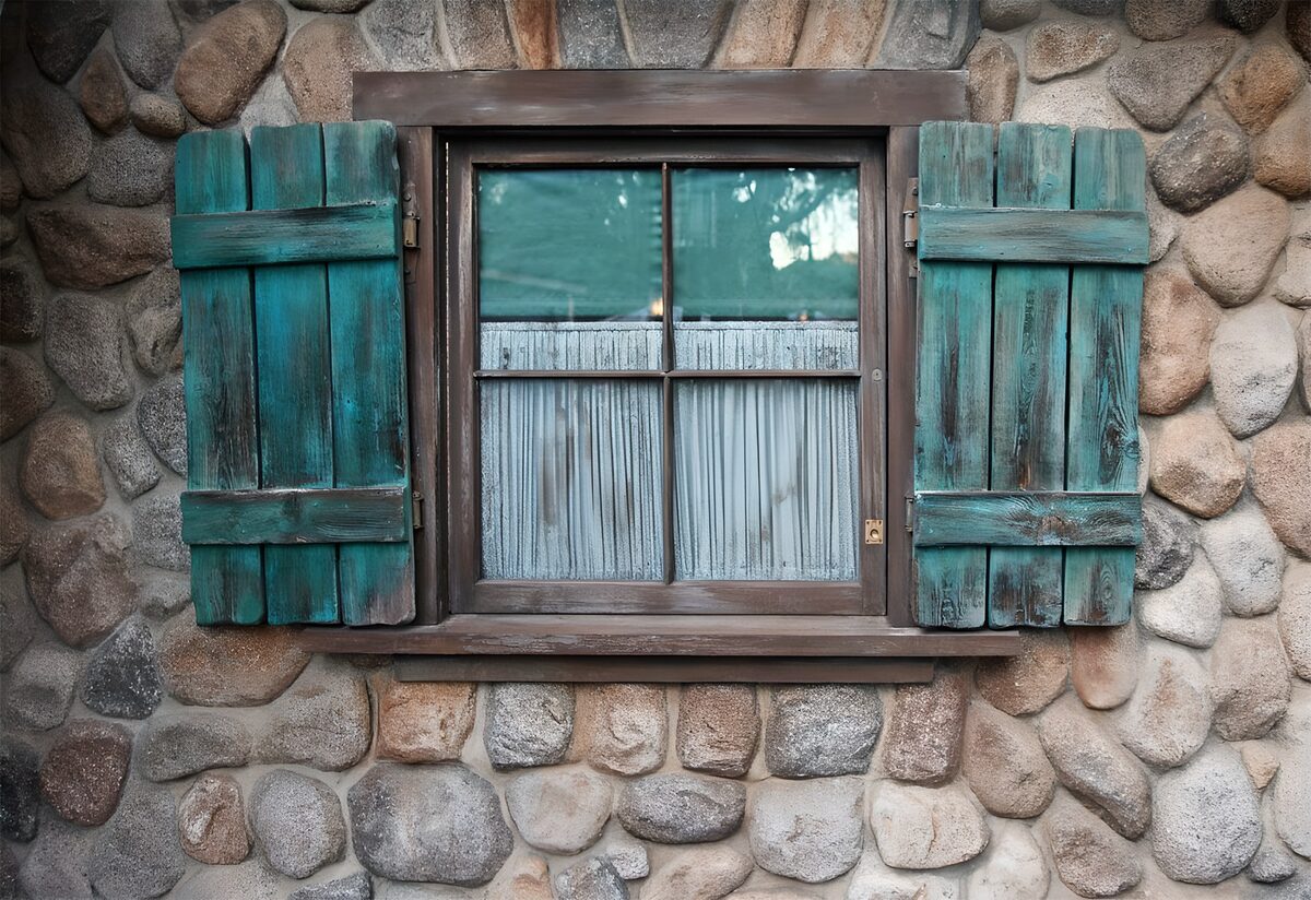Ventana rústica con contraventanas azules