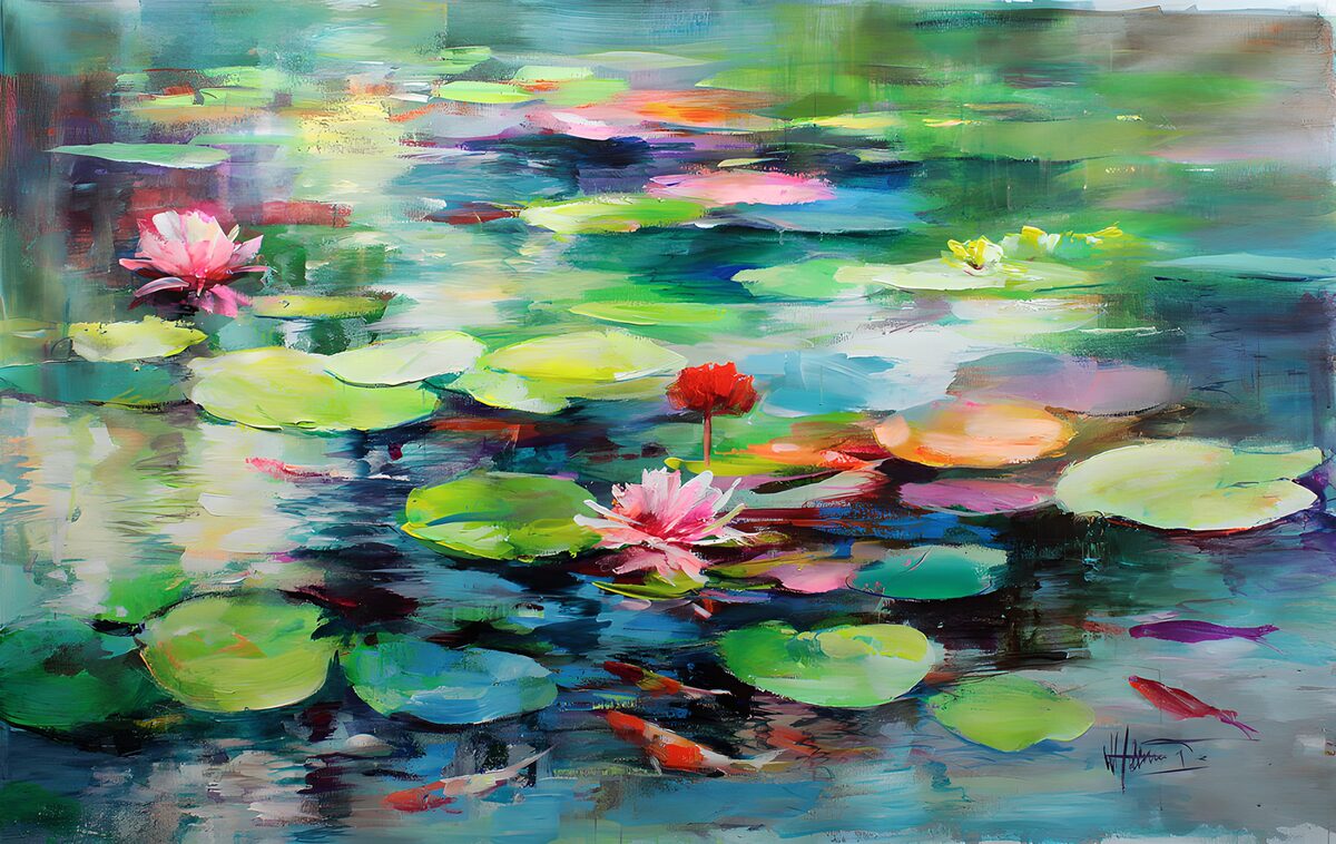 Nenúfares y peces entre reflejos de color