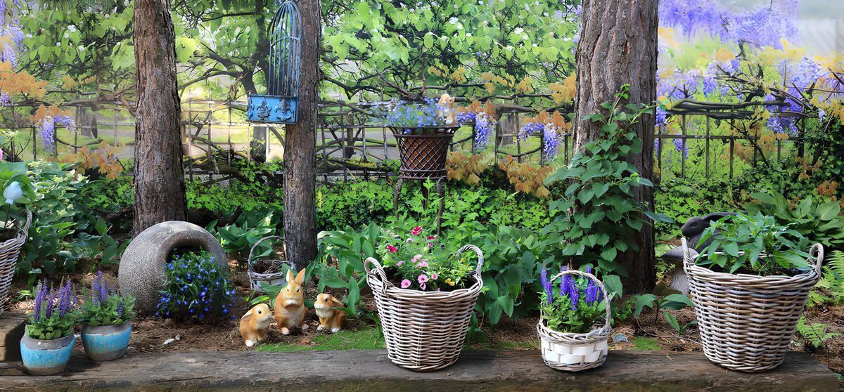 TPES86931: Jardín con cestas de flores y conejos
