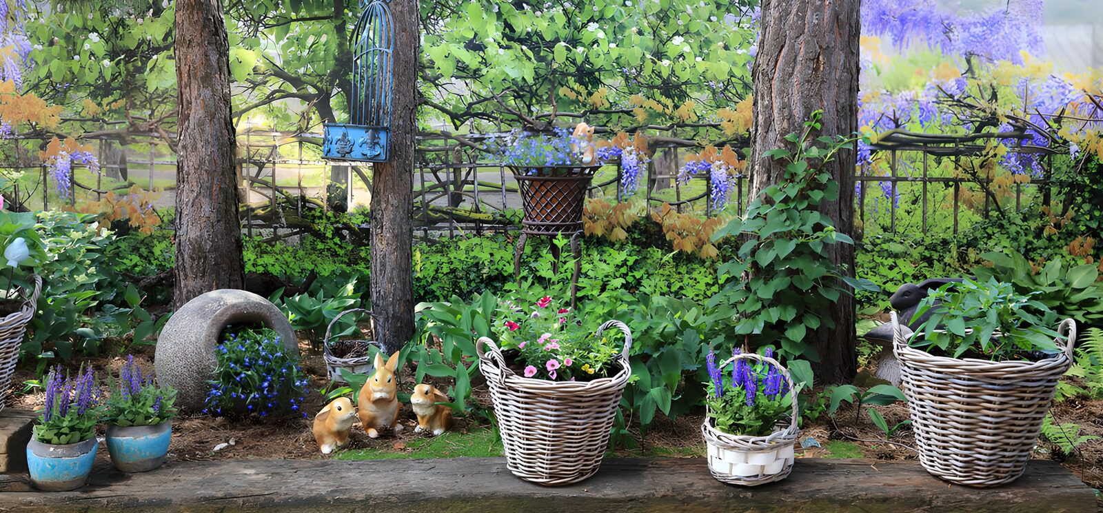 TPES86931: Jardín con cestas de flores y conejos