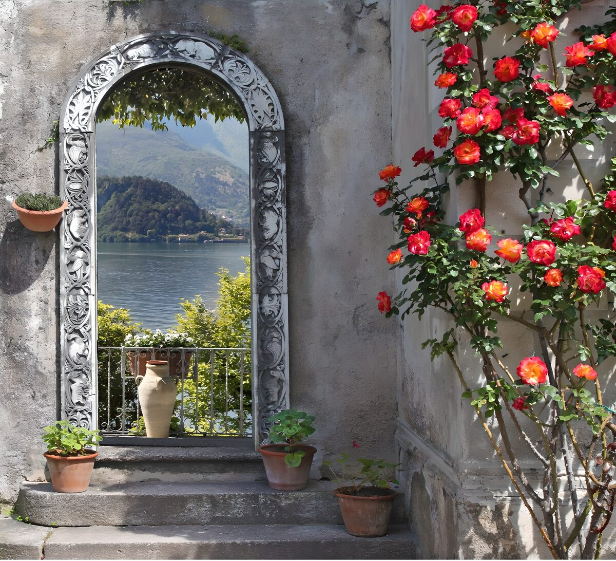 TPES90242: Espejo de jardín con rosas y vistas al lago