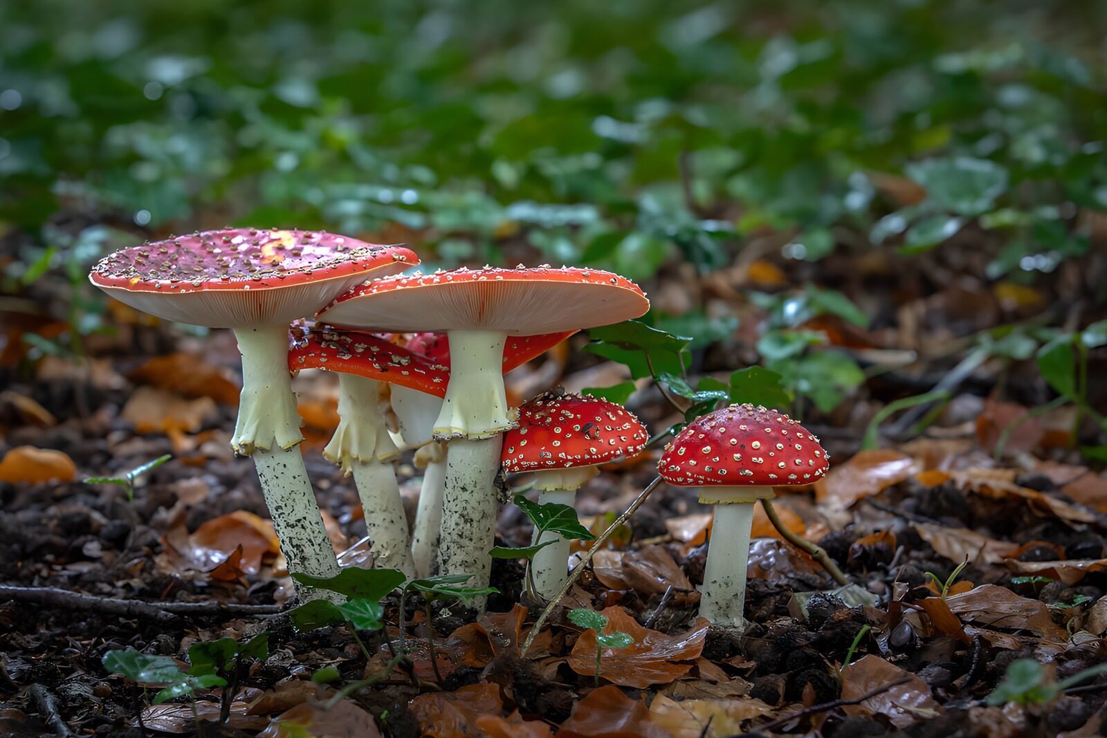 TPES23332: Amanitas rojas entre hojas e hiedra