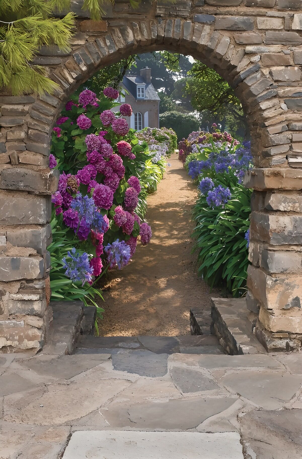 TPES39198: Arco de piedra y jardín de hortensias