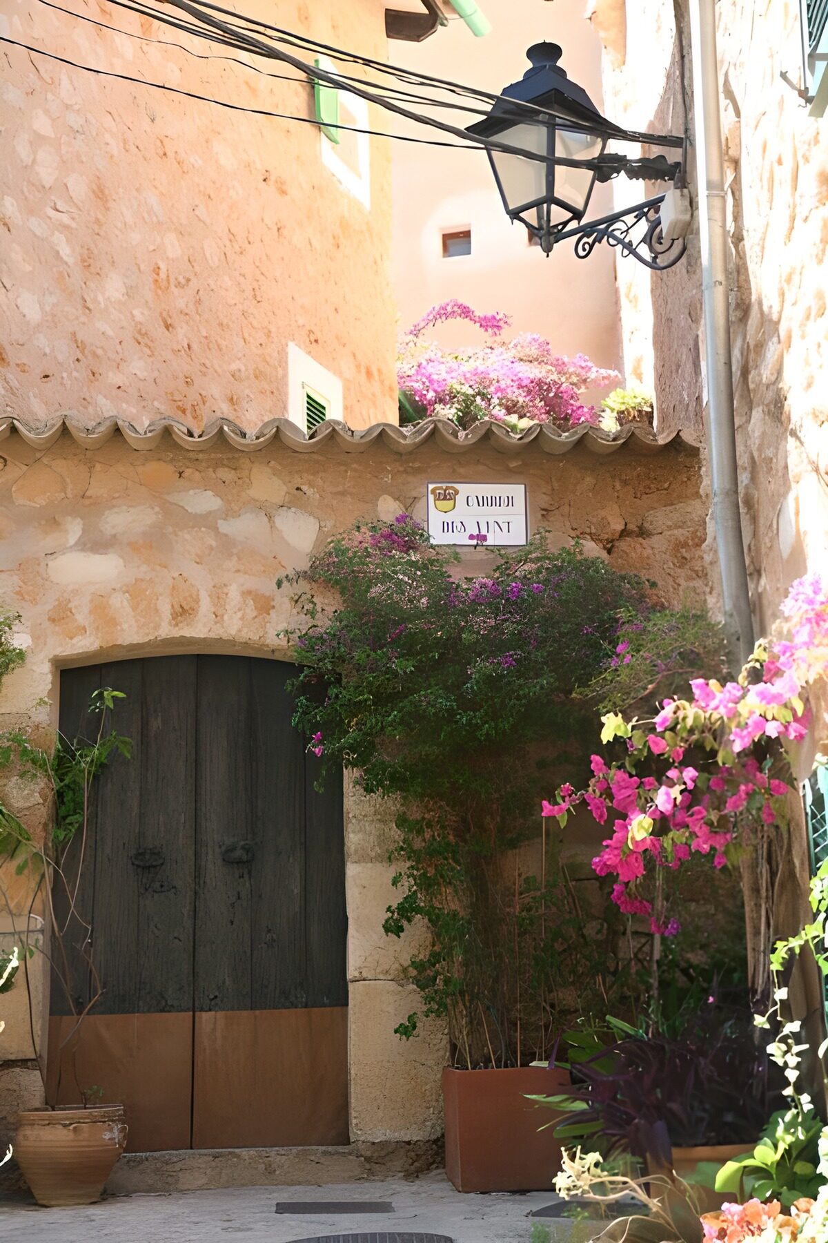Callejón soleado con buganvilla