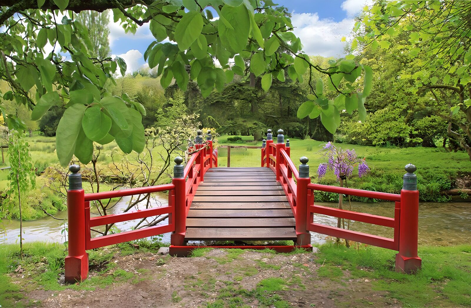 TPES38748: Puente rojo de madera entre árboles