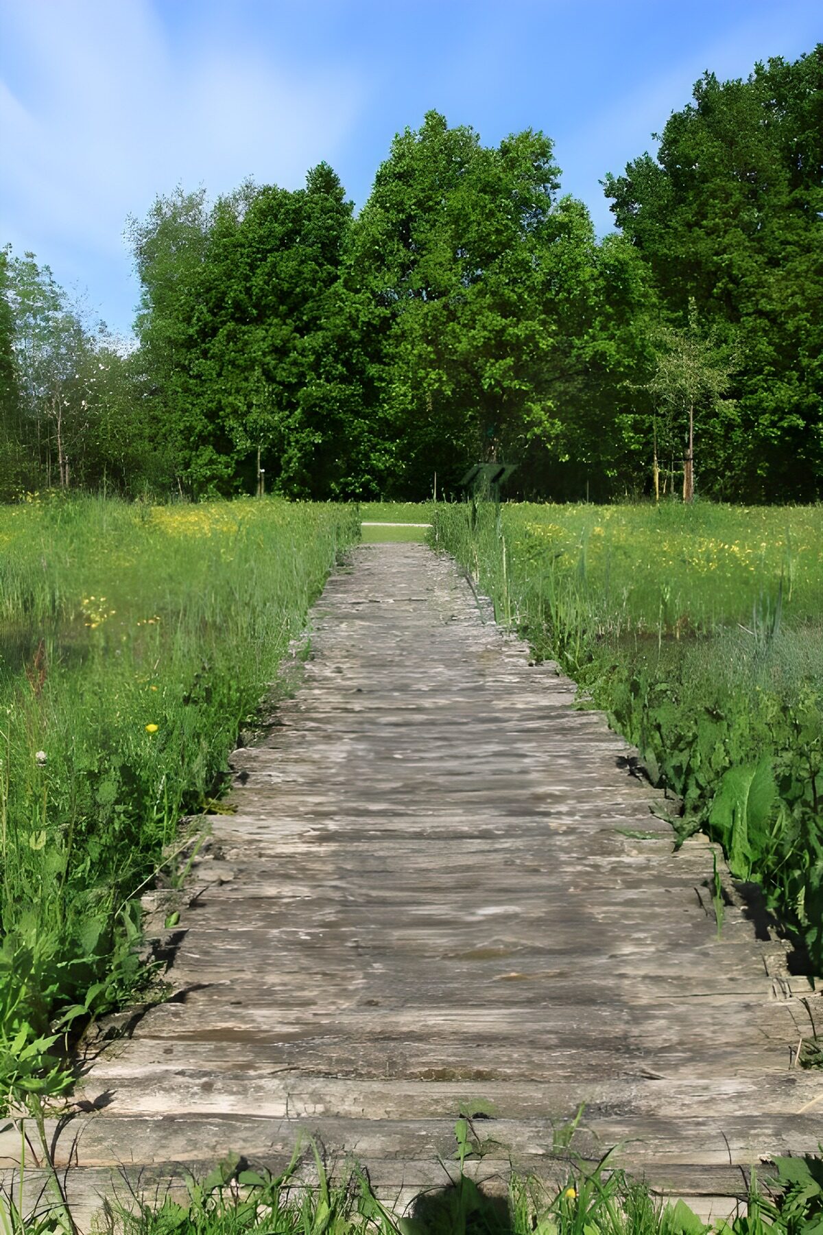 Pasarela de madera entre hierba y flores