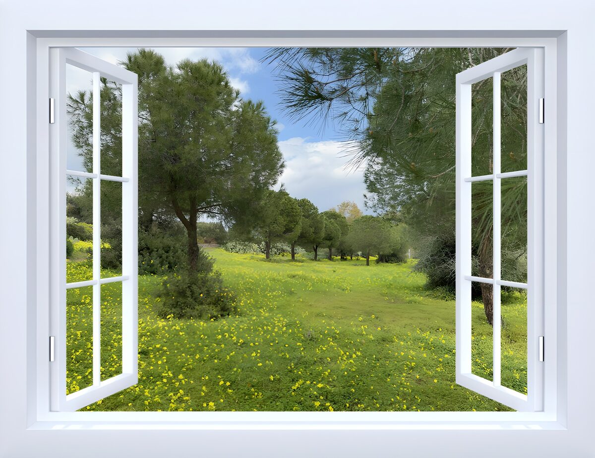 Ventana abierta a un prado entre pinos