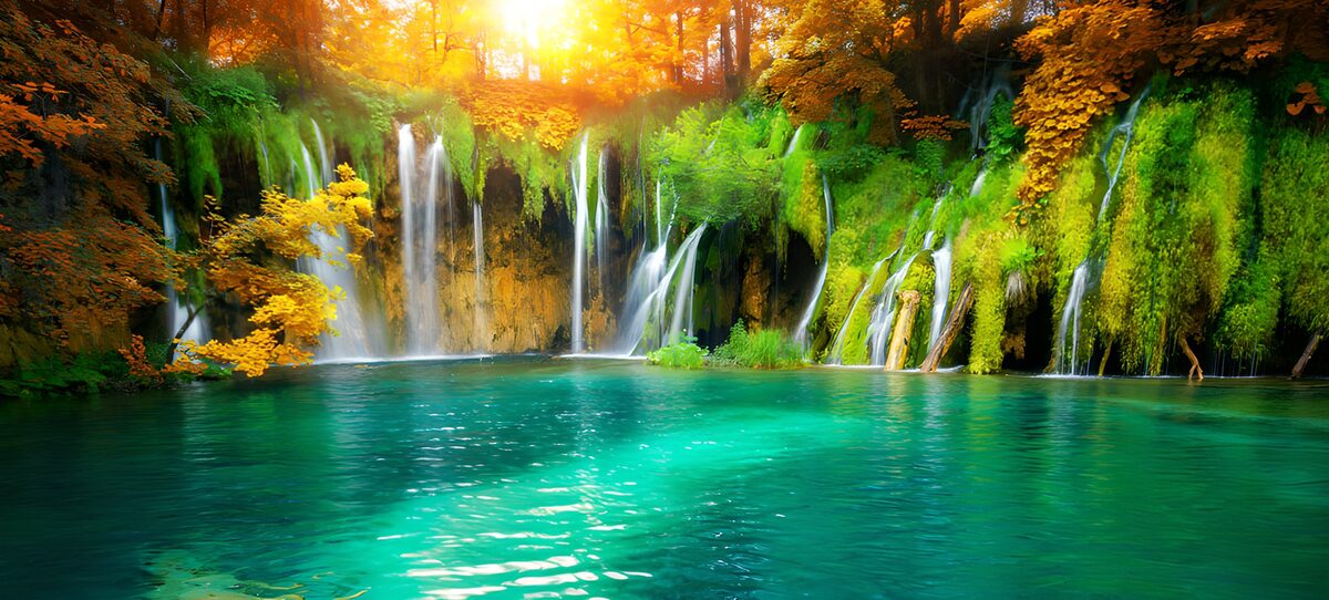 Cascadas y aguas turquesas en otoño