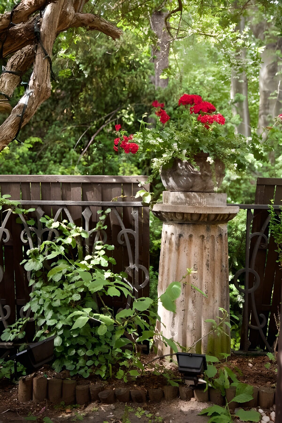 TPES31519: Geranios rojos sobre pedestal de piedra