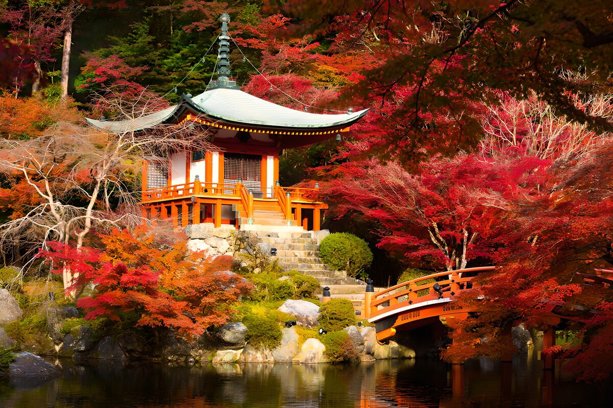 Pabellón japonés entre arces de otoño
