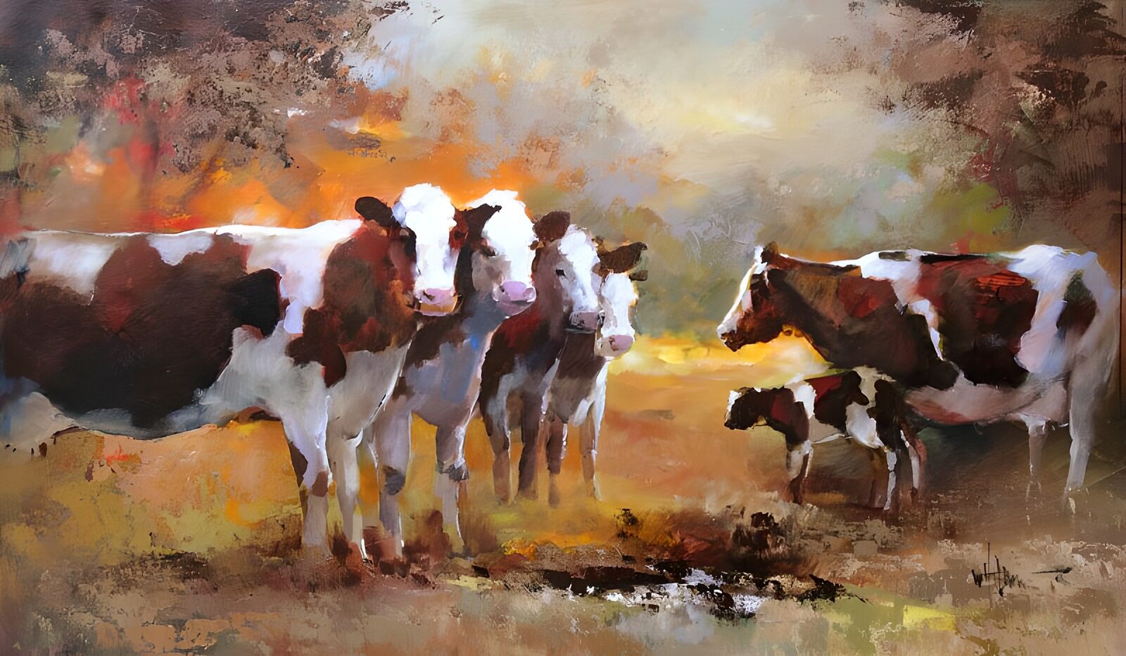 TPES78742: Vacas marrones y blancas entre pinceladas