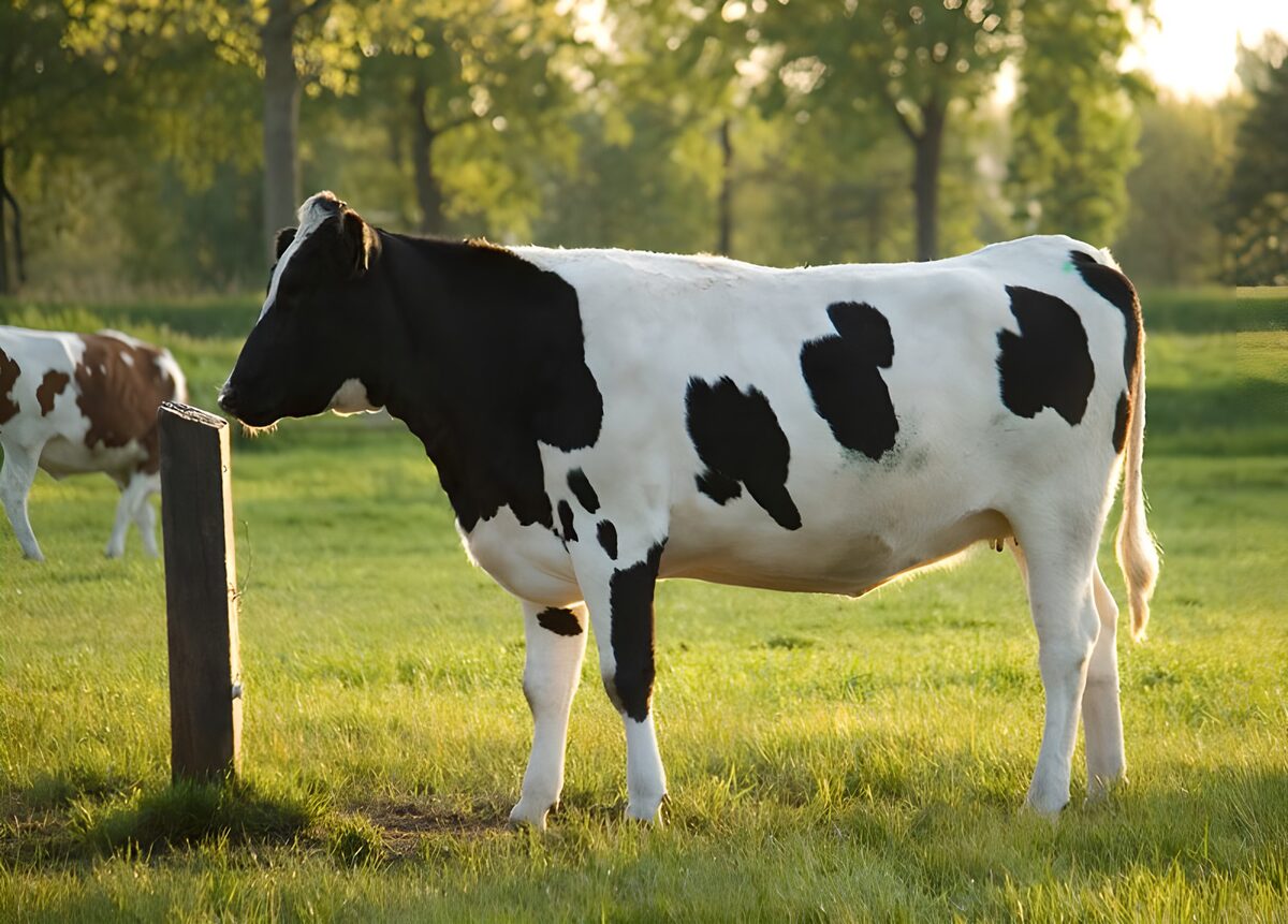 Vaca blanca y negra en el prado al sol