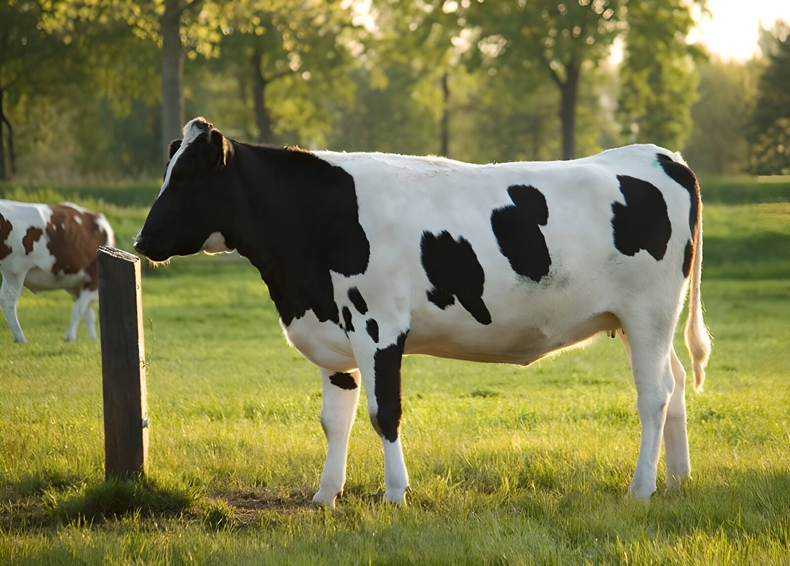 TPES71023: Vaca blanca y negra en el prado al sol