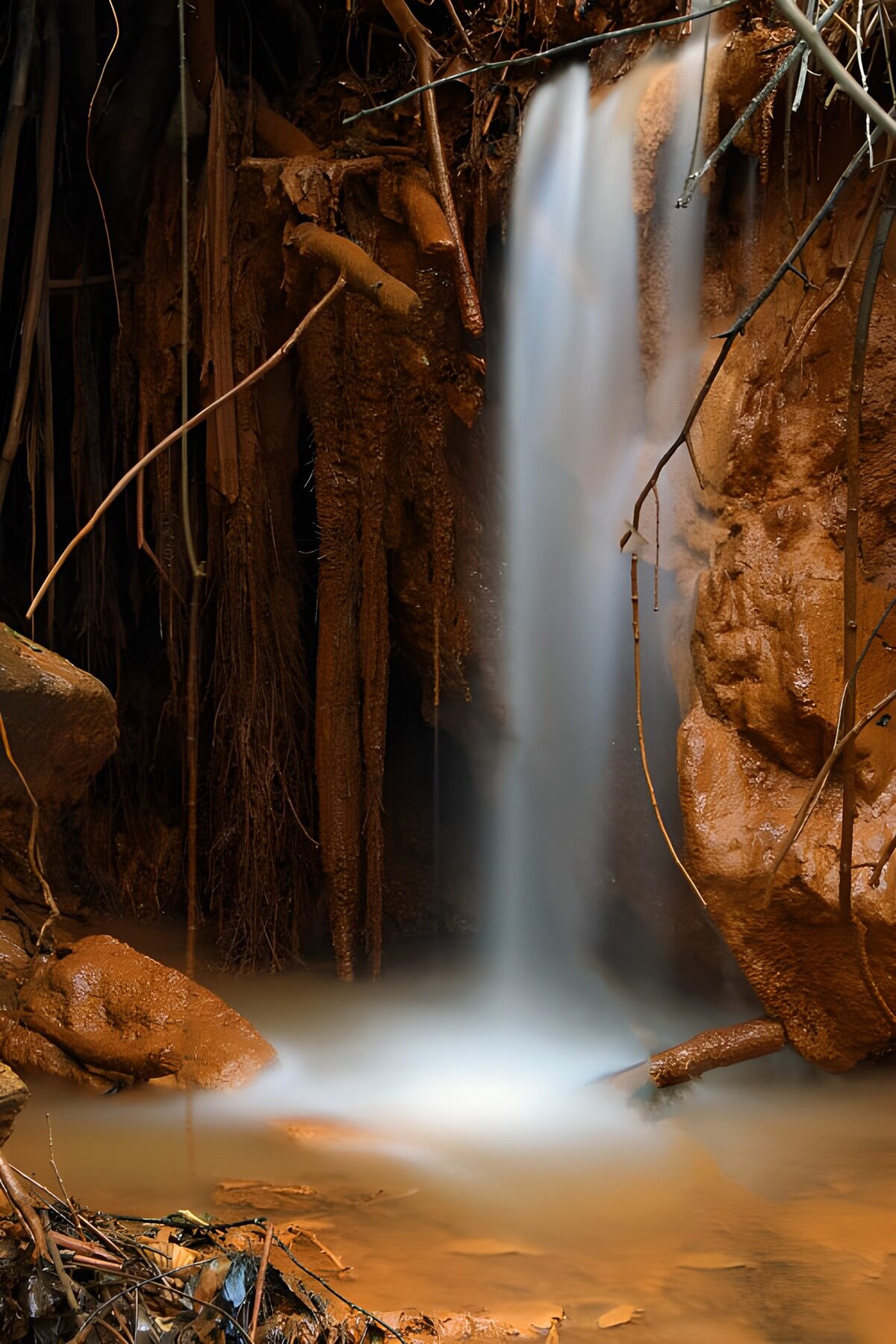 Cascada entre rocas rojizas y sombras