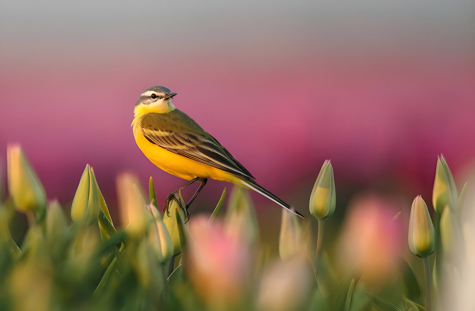 TPES83296: Lavandera boyera entre tulipanes en calma