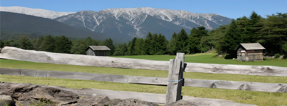 TPES34427: Prado de montaña con cabañas al sol