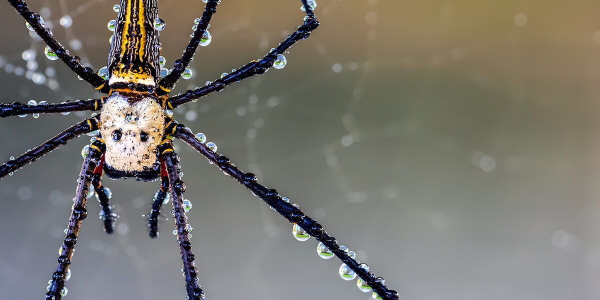 Araña amarilla y negra cubierta de gotas
